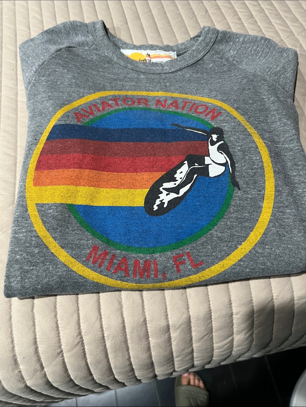 Aviator Nation Grey Sweatshirt with Rainbow Surf Graphic